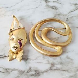 2 Gold Clown & Abstract Broochs